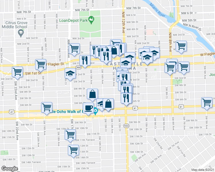 map of restaurants, bars, coffee shops, grocery stores, and more near 1326 Southwest 3rd Street in Miami