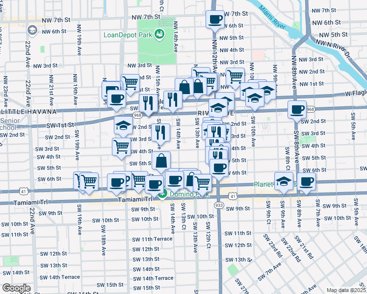 map of restaurants, bars, coffee shops, grocery stores, and more near 1326 Southwest 3rd Street in Miami