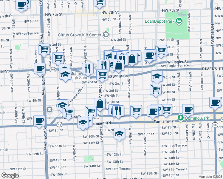 map of restaurants, bars, coffee shops, grocery stores, and more near 231 Southwest 21st Avenue in Miami