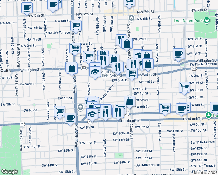 map of restaurants, bars, coffee shops, grocery stores, and more near in Miami