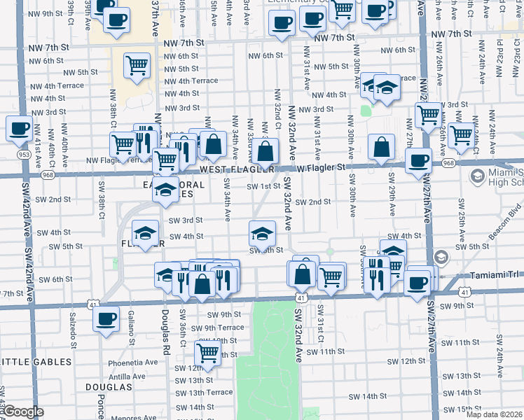 map of restaurants, bars, coffee shops, grocery stores, and more near 3242 Southwest 2nd Street in Miami