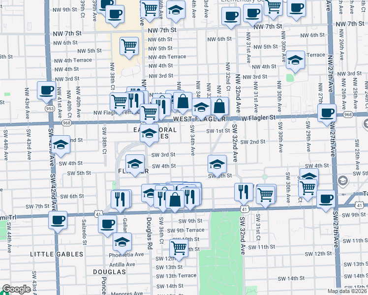 map of restaurants, bars, coffee shops, grocery stores, and more near 3400 Southwest 2nd Street in Miami