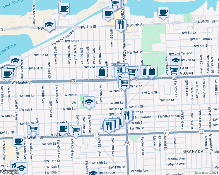 map of restaurants, bars, coffee shops, grocery stores, and more near in Miami