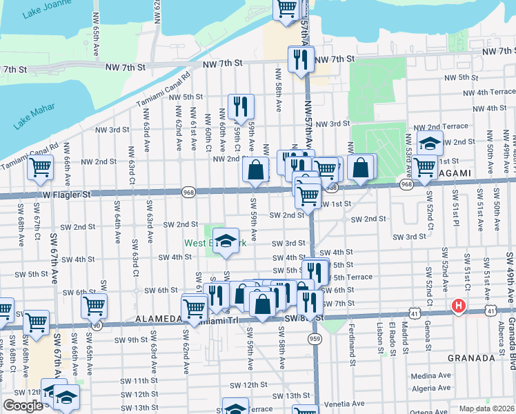 map of restaurants, bars, coffee shops, grocery stores, and more near 50 Southwest 59th Avenue in Miami