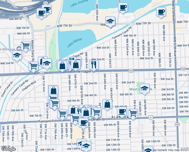 map of restaurants, bars, coffee shops, grocery stores, and more near 24 Southwest 65th Avenue in Miami