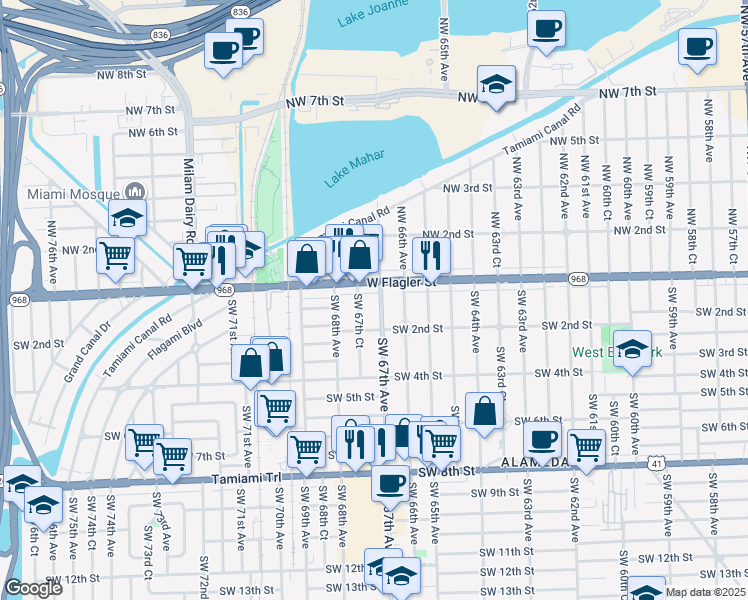 map of restaurants, bars, coffee shops, grocery stores, and more near 21 Southwest 67th Avenue in Miami