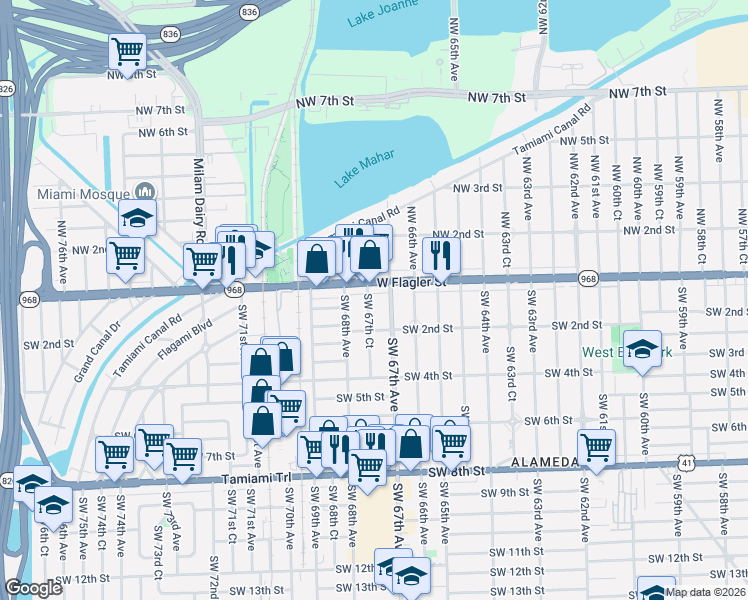 map of restaurants, bars, coffee shops, grocery stores, and more near 20 Southwest 67th Court in Miami