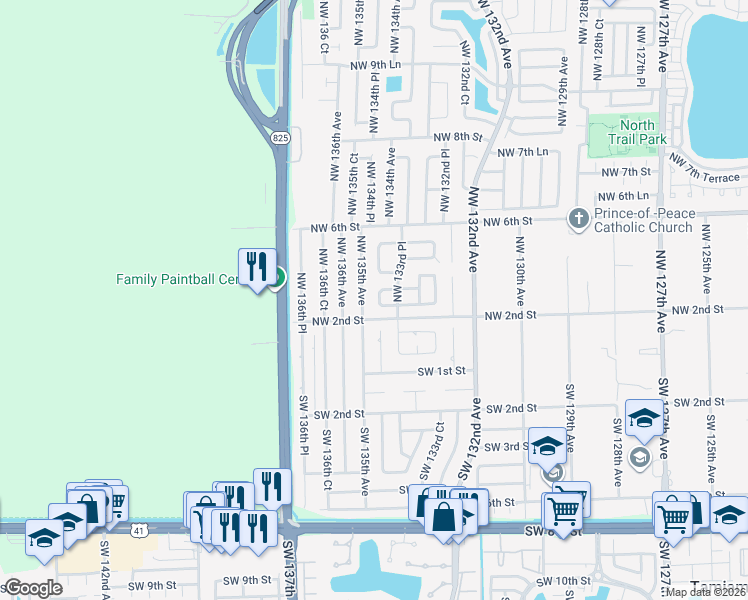 map of restaurants, bars, coffee shops, grocery stores, and more near 261 Northwest 135th Avenue in Miami