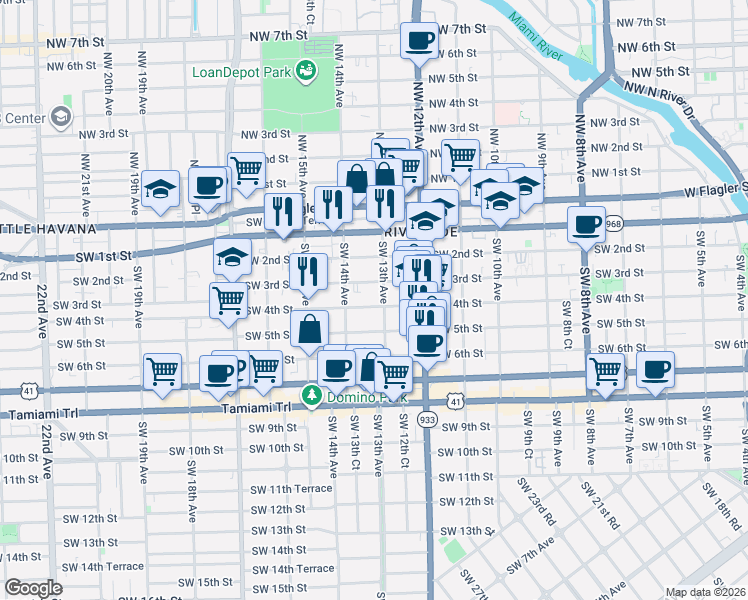 map of restaurants, bars, coffee shops, grocery stores, and more near 1326 Southwest 3rd Street in Miami