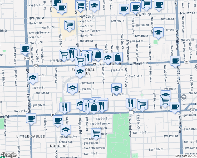 map of restaurants, bars, coffee shops, grocery stores, and more near 3400 Southwest 2nd Street in Miami