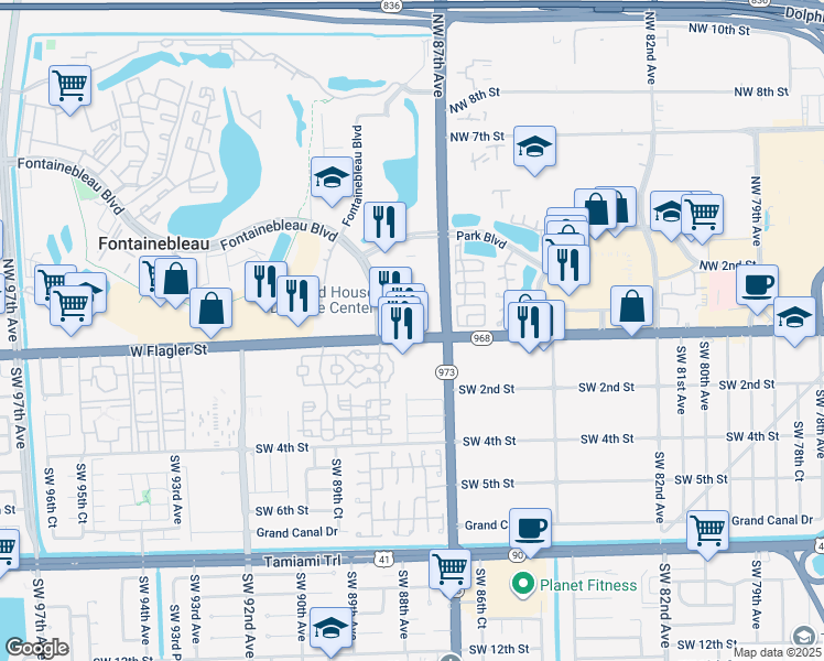 map of restaurants, bars, coffee shops, grocery stores, and more near 8775 West Flagler Street in Miami