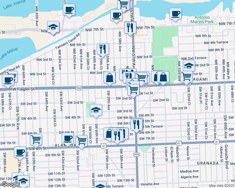 map of restaurants, bars, coffee shops, grocery stores, and more near 51 Southwest 58th Court in Miami
