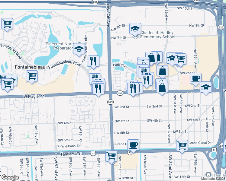 map of restaurants, bars, coffee shops, grocery stores, and more near 8645 Northwest 1st Street in Miami