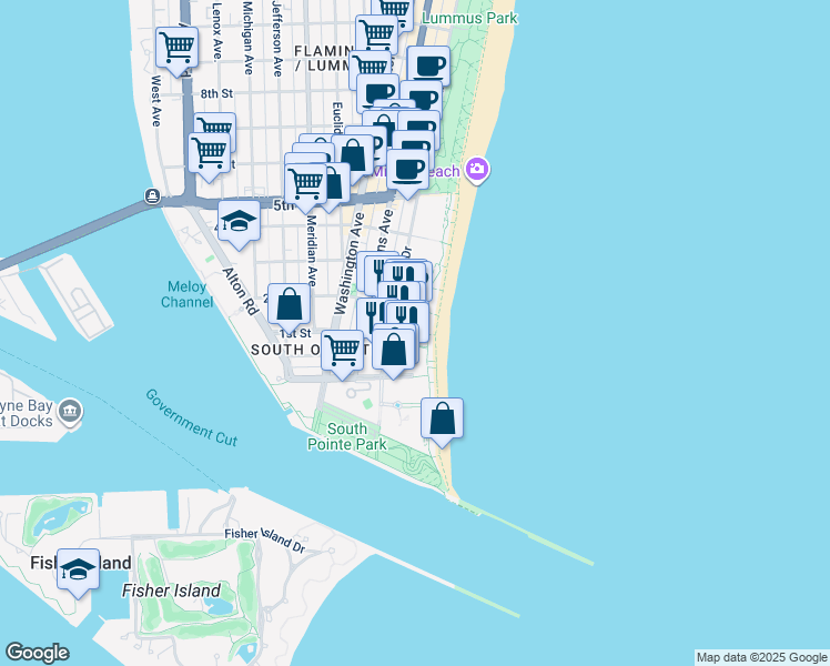 map of restaurants, bars, coffee shops, grocery stores, and more near 121 Ocean Drive in Miami Beach
