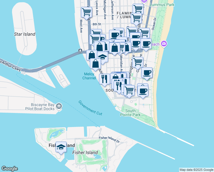 map of restaurants, bars, coffee shops, grocery stores, and more near 10012 1st Street in Miami Beach