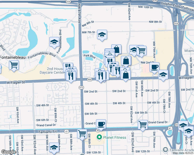 map of restaurants, bars, coffee shops, grocery stores, and more near 8516 Northwest 1st Terrace in Miami
