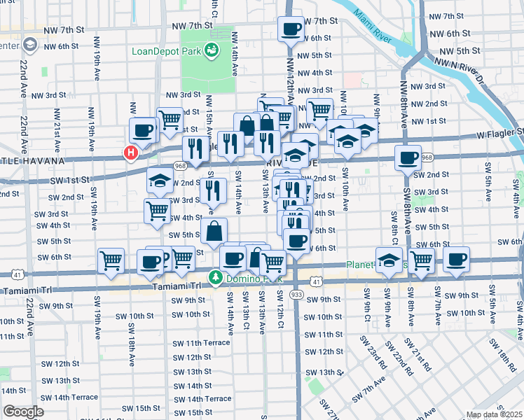 map of restaurants, bars, coffee shops, grocery stores, and more near 1326 Southwest 3rd Street in Miami