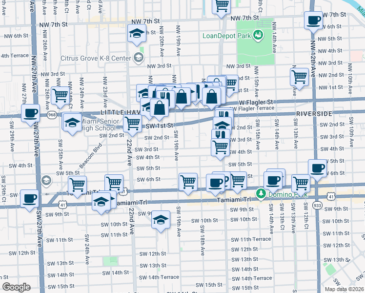 map of restaurants, bars, coffee shops, grocery stores, and more near 1853 Southwest 3rd Street in Miami