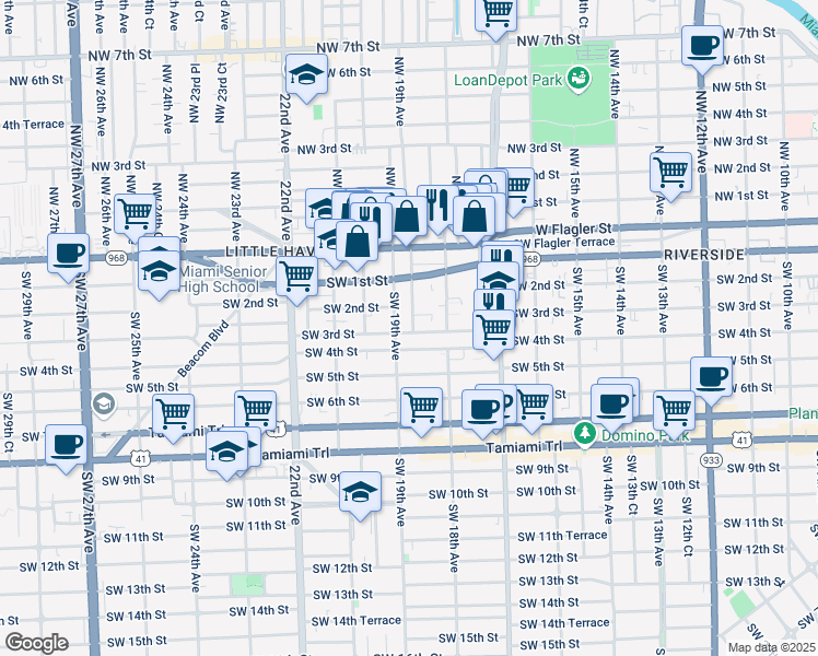 map of restaurants, bars, coffee shops, grocery stores, and more near 1853 Southwest 3rd Street in Miami