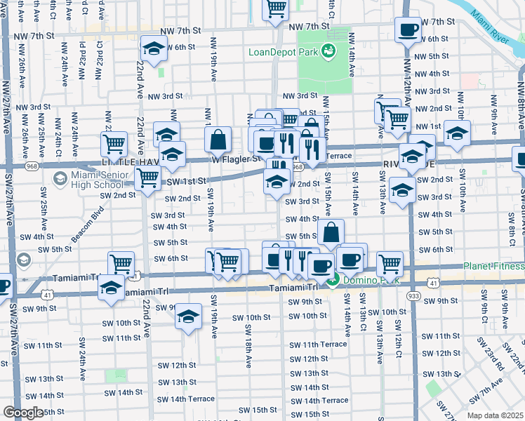 map of restaurants, bars, coffee shops, grocery stores, and more near 1711 Southwest 3rd Street in Miami