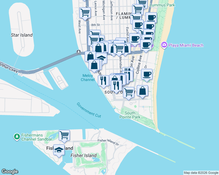 map of restaurants, bars, coffee shops, grocery stores, and more near 118 Alton Road in Miami Beach