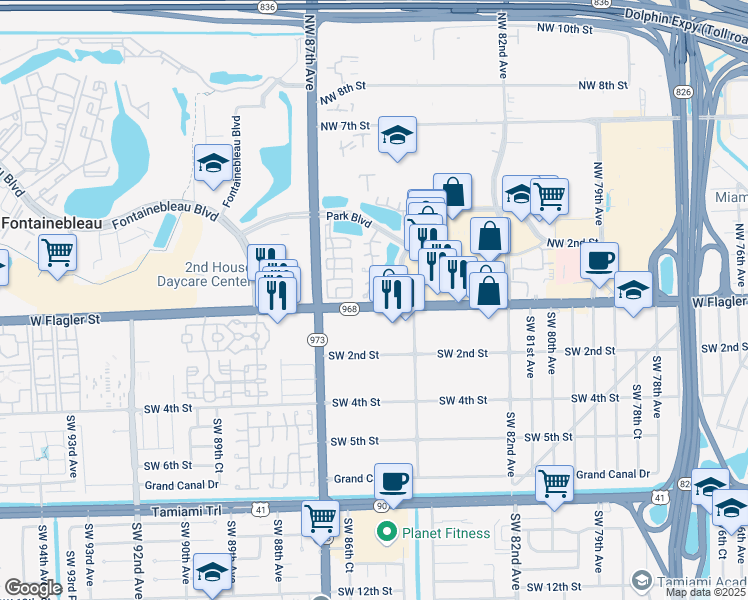 map of restaurants, bars, coffee shops, grocery stores, and more near 8516 Northwest 1st Terrace in Miami