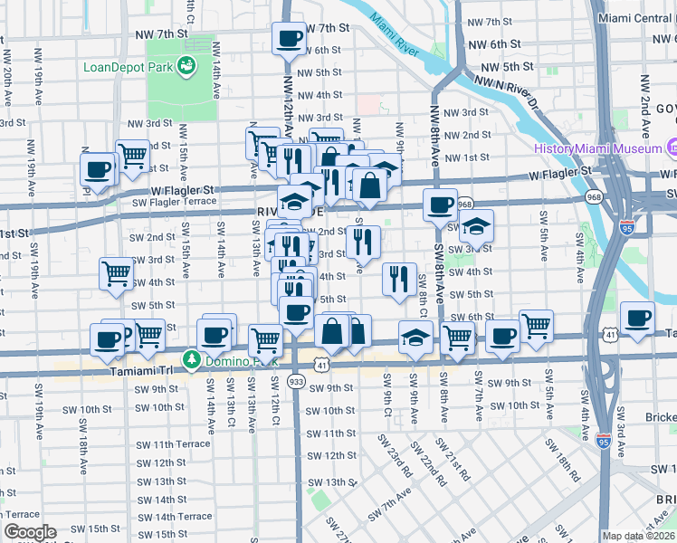 map of restaurants, bars, coffee shops, grocery stores, and more near 1055 Southwest 4th Street in Miami