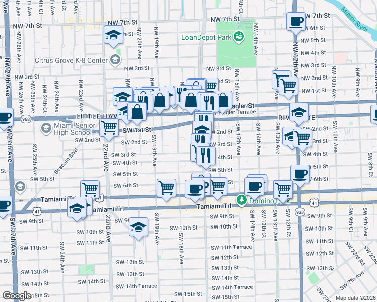 map of restaurants, bars, coffee shops, grocery stores, and more near 1771 Southwest 3rd Street in Miami
