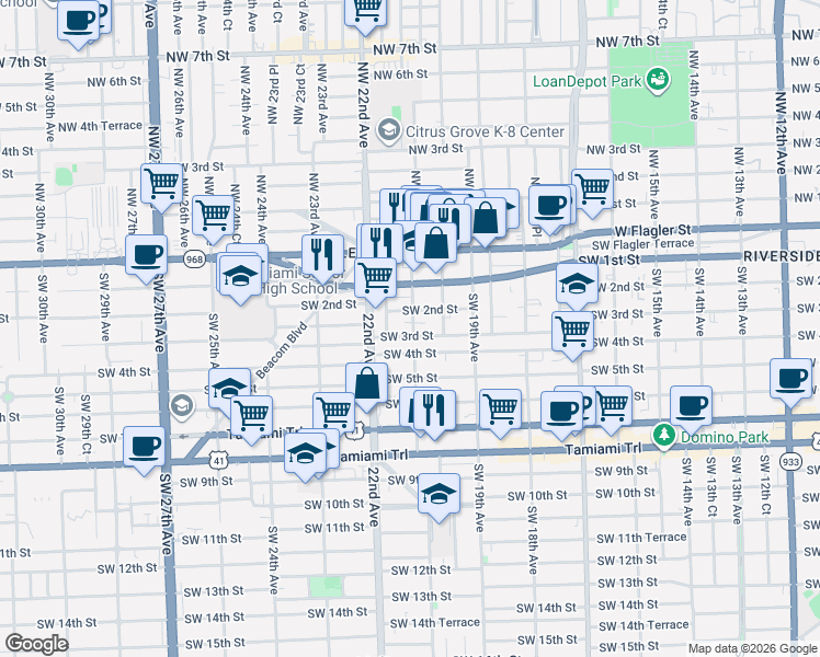 map of restaurants, bars, coffee shops, grocery stores, and more near 231 Southwest 21st Avenue in Miami