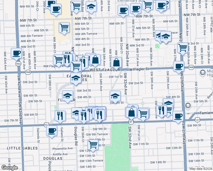 map of restaurants, bars, coffee shops, grocery stores, and more near 3300 Southwest 2nd Street in Miami