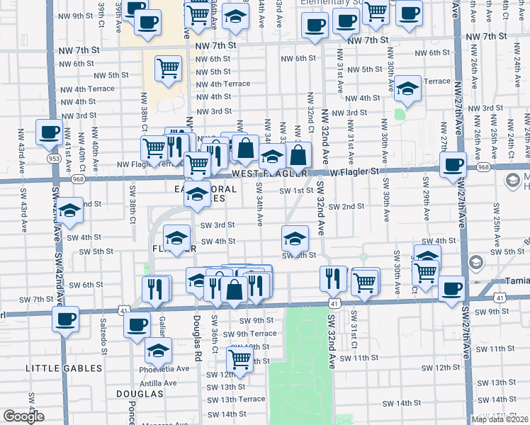 map of restaurants, bars, coffee shops, grocery stores, and more near 3400 Southwest 2nd Street in Miami