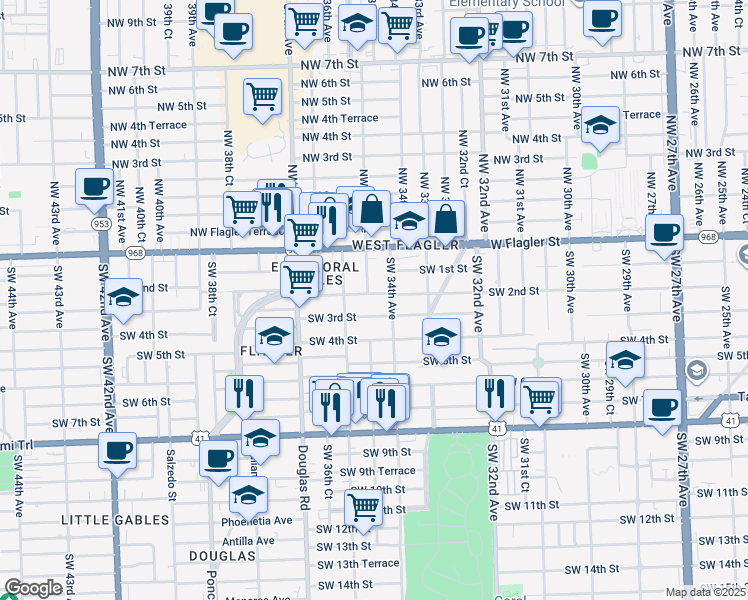map of restaurants, bars, coffee shops, grocery stores, and more near 3400 Southwest 2nd Street in Miami