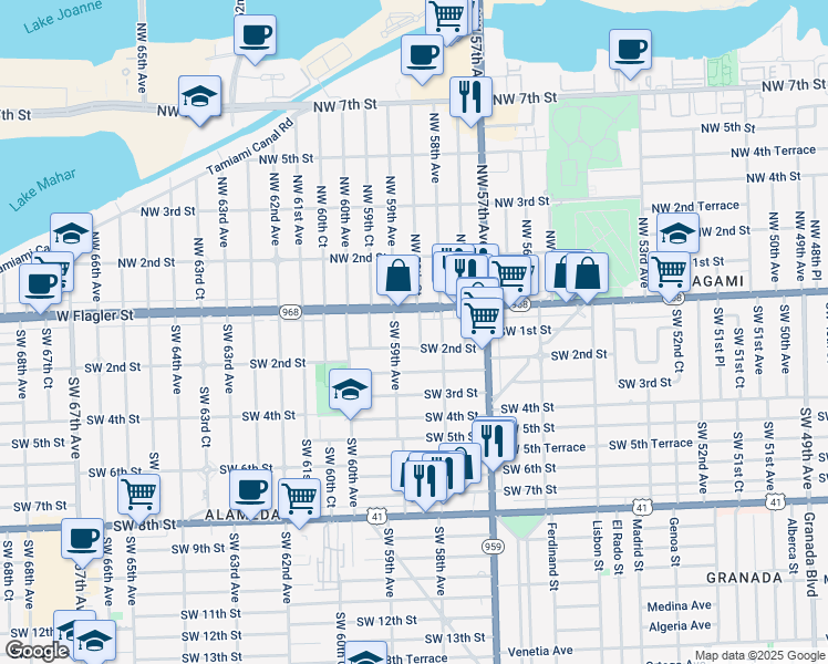 map of restaurants, bars, coffee shops, grocery stores, and more near in Miami