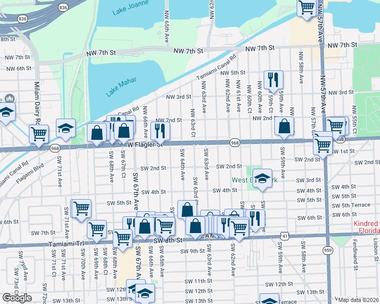 map of restaurants, bars, coffee shops, grocery stores, and more near 32 Southwest 63rd Court in Miami