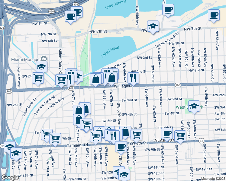 map of restaurants, bars, coffee shops, grocery stores, and more near 20 Southwest 67th Court in Miami