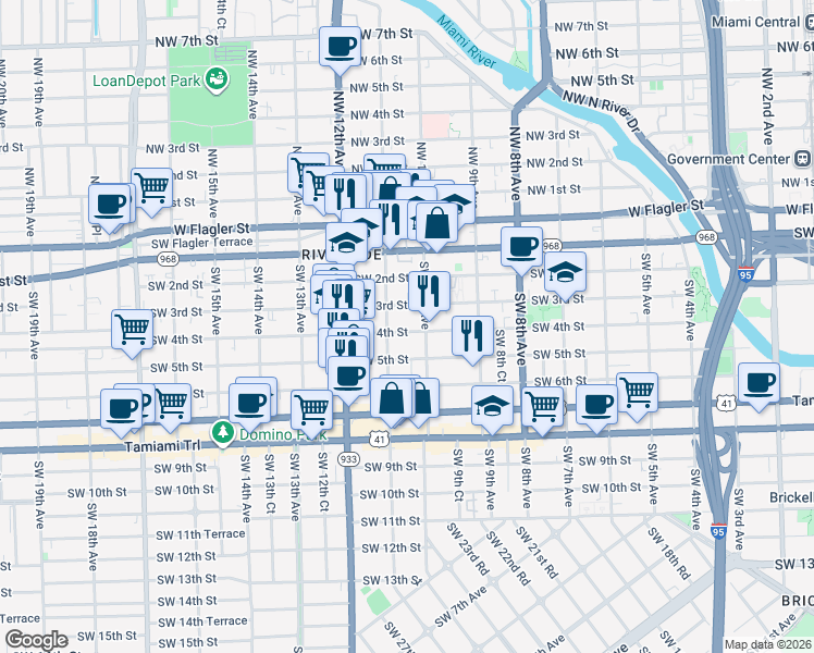 map of restaurants, bars, coffee shops, grocery stores, and more near 1055 Southwest 4th Street in Miami