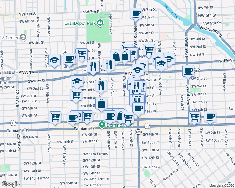 map of restaurants, bars, coffee shops, grocery stores, and more near 1326 Southwest 3rd Street in Miami