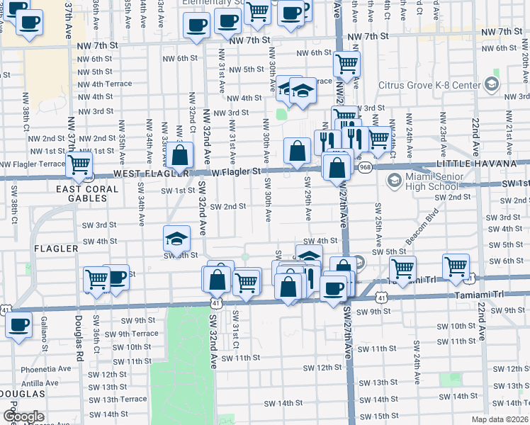 map of restaurants, bars, coffee shops, grocery stores, and more near 230 Southwest 30th Avenue in Miami