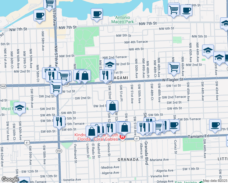 map of restaurants, bars, coffee shops, grocery stores, and more near 110 Southwest 52nd Avenue in Coral Gables