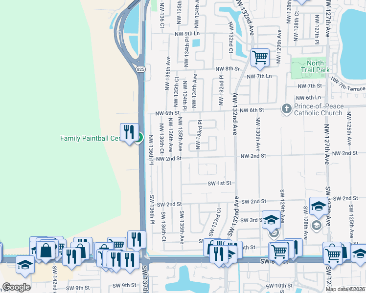 map of restaurants, bars, coffee shops, grocery stores, and more near 261 NW 135th Ave in Miami