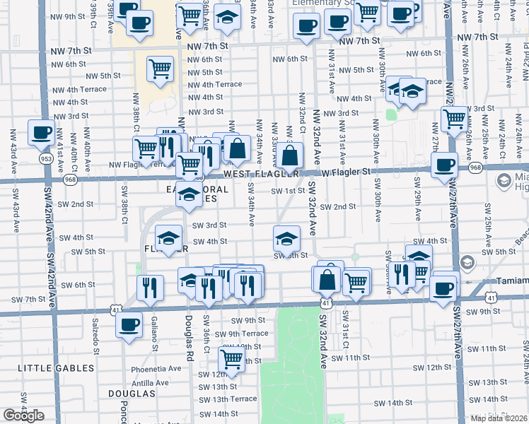 map of restaurants, bars, coffee shops, grocery stores, and more near 3300 Southwest 2nd Street in Miami