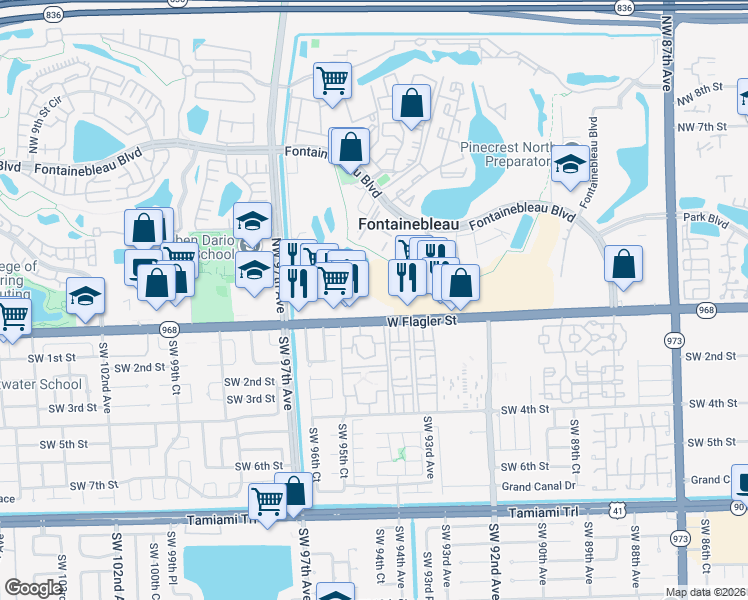 map of restaurants, bars, coffee shops, grocery stores, and more near 3405 West Flagler Street in Miami