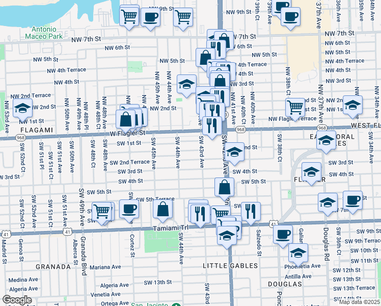 map of restaurants, bars, coffee shops, grocery stores, and more near 4340 Southwest 2nd Street in Coral Gables