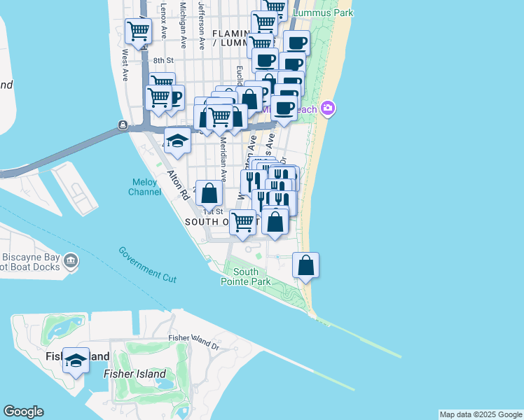 map of restaurants, bars, coffee shops, grocery stores, and more near 120 Ocean Drive in Miami Beach