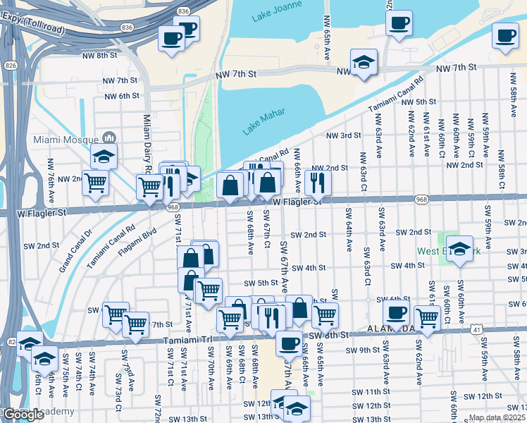 map of restaurants, bars, coffee shops, grocery stores, and more near 20 Southwest 67th Court in Miami