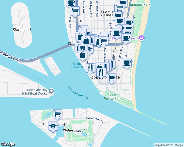 map of restaurants, bars, coffee shops, grocery stores, and more near 150 Alton Road in Miami Beach