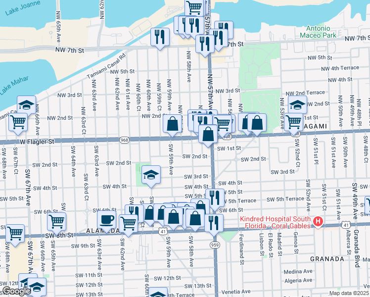 map of restaurants, bars, coffee shops, grocery stores, and more near 51 Southwest 58th Court in Miami