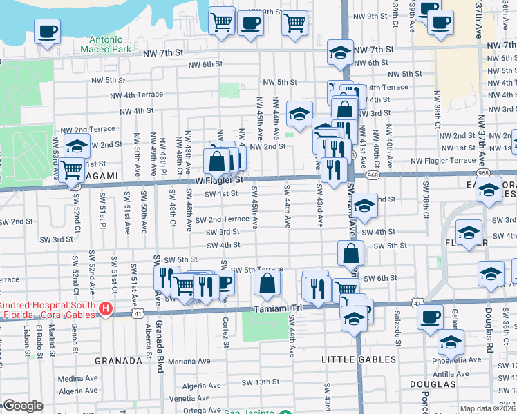 map of restaurants, bars, coffee shops, grocery stores, and more near 4495 Southwest 2nd Street in Coral Gables