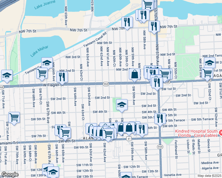map of restaurants, bars, coffee shops, grocery stores, and more near 55 Southwest 61st Avenue in Miami