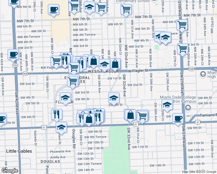 map of restaurants, bars, coffee shops, grocery stores, and more near 3300 Southwest 2nd Street in Miami